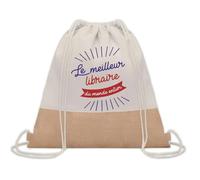 Planetee Sac à dos toile et jute Libraire Meilleur du Monde | Sac de Sport et Gym avec cordelettes | Idée Cadeau Collègue Noël Anniversaire | Sac Doudou