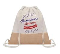 Planetee Sac à dos toile et jute Libraire Meilleure du Monde | Sac de Sport et Gym avec cordelettes | Idée Cadeau Collègue Noël Anniversaire | Sac Doudou