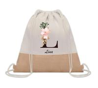 Planetee Sac à dos toile et jute Lina Lettre Fleur | Sac de Sport et Gym avec cordelettes | Idée Cadeau Collègue Noël Anniversaire | Sac Doudou