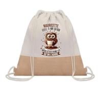 Planetee Sac à dos toile et jute Mauricette Chouette Grain | Sac de Sport et Gym avec cordelettes | Idée Cadeau Collègue Noël Anniversaire | Sac Doudou