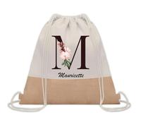 Planetee Sac à dos toile et jute Mauricette Lettre Fleur | Sac de Sport et Gym avec cordelettes | Idée Cadeau Collègue Noël Anniversaire | Sac Doudou