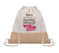 Planetee Sac à dos toile et jute Merci Éducatrice Spécialisée Géniale | Sac de Sport et Gym avec cordelettes | Idée Cadeau Collègue Noël Anniversaire | Sac Doudou