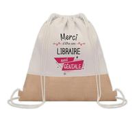 Planetee Sac à dos toile et jute Merci Libraire Géniale | Sac de Sport et Gym avec cordelettes | Idée Cadeau Collègue Noël Anniversaire | Sac Doudou