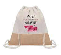 Planetee Sac à dos toile et jute Merci Marraine Géniale | Sac de Sport et Gym avec cordelettes | Idée Cadeau Collègue Noël Anniversaire | Sac Doudou