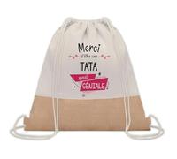 Planetee Sac à dos toile et jute Merci Tata Géniale | Sac de Sport et Gym avec cordelettes | Idée Cadeau Collègue Noël Anniversaire | Sac Doudou