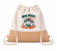 Planetee Sac à Dos Toile et Jute Mon husky c'est ma thérapie | Sac de Sport en Coton Sergé 160 g/m² avec Fond en Jute 7 L | Gym Piscine École | Cadeau Enfant Ado Rentrée Anniversaire