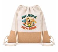 Planetee Sac à Dos Toile et Jute Mon labrador c'est ma thérapie | Sac de Sport en Coton Sergé 160 g/m² avec Fond en Jute 7 L | Gym Piscine École | Cadeau Enfant Ado Rentrée Anniversaire