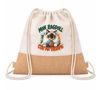 Planetee Sac à Dos Toile et Jute Mon ragdoll c'est ma thérapie | Sac de Sport en Coton Sergé 160 g/m² avec Fond en Jute 7 L | Gym Piscine École | Cadeau Enfant Ado Rentrée Anniversaire