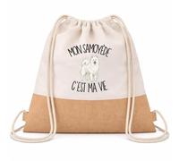 Planetee Sac à Dos Toile et Jute Mon Samoyède c'est ma vie | Sac de Sport en Coton Sergé 160 g/m² avec Fond en Jute 7 L | Gym Piscine École | Cadeau Propriétaire Chien Enfant Ado Rentrée Anniversaire