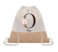 Planetee Sac à dos toile et jute Olga Lettre Fleur | Sac de Sport et Gym avec cordelettes | Idée Cadeau Collègue Noël Anniversaire | Sac Doudou