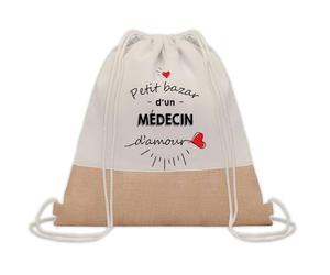 Planetee Sac à dos toile et jute Petit Bazar d'un Médecin d'amour | Sac de Sport et Gym avec cordelettes | Idée Cadeau Collègue Noël Anniversaire | Sac Doudou