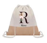 Planetee Sac à dos toile et jute Réjane Lettre Fleur | Sac de Sport et Gym avec cordelettes | Idée Cadeau Collègue Noël Anniversaire | Sac Doudou