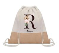 Planetee Sac à dos toile et jute Roxane Lettre Fleur | Sac de Sport et Gym avec cordelettes | Idée Cadeau Collègue Noël Anniversaire | Sac Doudou