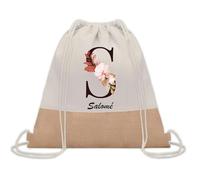 Planetee Sac à dos toile et jute Salomé Lettre Fleur | Sac de Sport et Gym avec cordelettes | Idée Cadeau Collègue Noël Anniversaire | Sac Doudou