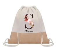 Planetee Sac à dos toile et jute Séverine Lettre Fleur | Sac de Sport et Gym avec cordelettes | Idée Cadeau Collègue Noël Anniversaire | Sac Doudou