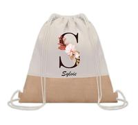 Planetee Sac à dos toile et jute Sylvie Lettre Fleur | Sac de Sport et Gym avec cordelettes | Idée Cadeau Collègue Noël Anniversaire | Sac Doudou