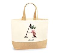 Planetee Sac Annie Lettre Fleur | Cabas de Plage Courses Coton et Toile de Jute Idée Cadeau Femme