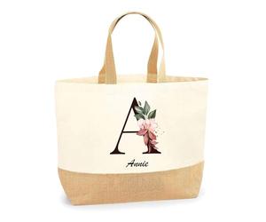 Planetee Sac Annie Lettre Fleur | Cabas de Plage Courses Coton et Toile de Jute Idée Cadeau Femme