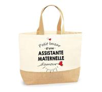 Planetee Sac Assistante Maternelle d'Amour | Cabas de Plage Courses Coton et Toile de Jute Idée Cadeau Femme