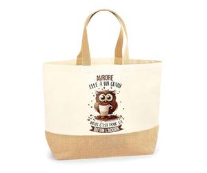 Planetee Sac Aurore Chouette grain | Cabas de Plage Courses Coton et Toile de Jute Idée Cadeau Femme