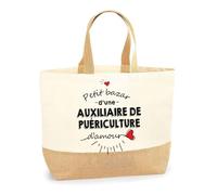 Planetee Sac Auxiliaire De Puériculture d'Amour | Cabas de Plage Courses Coton et Toile de Jute Idée Cadeau Femme