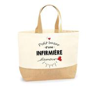 Planetee Sac Bazar Infirmière d'Amour | Cabas de Plage Courses Coton et Toile de Jute Idée Cadeau Femme