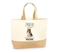 Planetee Sac Cabas de Plage Personnalisable Chien Passer du temps avec Prénom Nom | Toile de Jute Coton Courses Idée Cadeau Personnalisé (Berger Shetland)