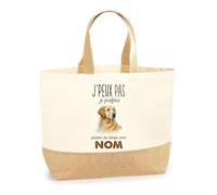 Planetee Sac Cabas de Plage Personnalisable Chien Passer du temps avec Prénom Nom | Toile de Jute Coton Courses Idée Cadeau Personnalisé (Golden Retriever)
