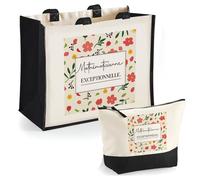 Planetee Sac Cabas Femme Grand Sac Mathématicienne exceptionnelle motif floral Shopping Toile Jute Avec Pochette Rangement Courses Voyage Cadeau Femme Anniversaire Noël Lot 2 Pièces