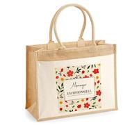 Planetee Sac cabas femme jute grand format Manager exceptionnelle motif fleurs sac prénom cadeau anniversaire Noël tote bag