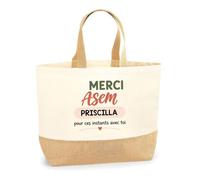 Planetee Sac Cabas Fond Jute Merci ASEM Priscilla pour ces instants avec toi | Cadeau Fin d'Année Scolaire ATSEM ASEM École Maternelle | Cadeau de Remerciement | Coton 18 L