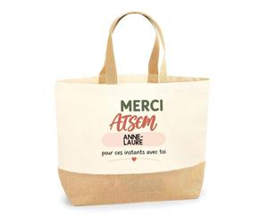 Planetee Sac Cabas Fond Jute Merci ATSEM Anne-Laure pour ces instants avec toi | Cadeau Fin d'Année Scolaire ATSEM ASEM École Maternelle | Cadeau de Remerciement | Coton 18 L