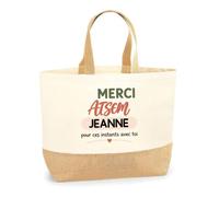 Planetee Sac Cabas Fond Jute Merci ATSEM Jeanne pour ces instants avec toi | Cadeau Fin d'Année Scolaire ATSEM ASEM École Maternelle | Cadeau de Remerciement | Coton 18 L