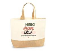 Planetee Sac Cabas Fond Jute Merci ATSEM Mila pour ces instants avec toi | Cadeau Fin d'Année Scolaire ATSEM ASEM École Maternelle | Cadeau de Remerciement | Coton 18 L