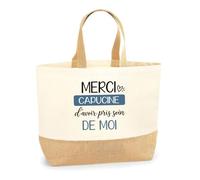 Planetee Sac Cabas Fond Jute Merci Capucine | Cadeau Fin d'Année Scolaire Maîtresse Nounou ATSEM Assmat | Cadeau de Remerciement | Coton 18 L