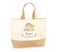 Planetee Sac Cabas Fond Jute Merci Jeanne | Cadeau Fin d'Année Scolaire Maîtresse Nounou ATSEM Assmat | Cadeau de Remerciement | Coton 18 L