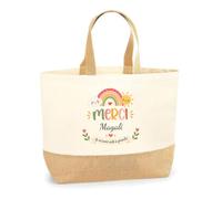 Planetee Sac Cabas Fond Jute Merci Magali | Cadeau Fin d'Année Scolaire Maîtresse Nounou ATSEM Assmat | Cadeau de Remerciement | Coton 18 L