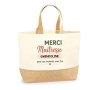 Planetee Sac Cabas Fond Jute Merci Maîtresse Gwendoline pour ces instants avec toi | Cadeau Fin d'Année Scolaire Maîtresse Institutrice École Primaire | Cadeau de Remerciement | Coton 18 L