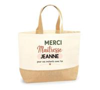 Planetee Sac Cabas Fond Jute Merci Maîtresse Jeanne pour ces instants avec toi | Cadeau Fin d'Année Scolaire Maîtresse Institutrice École Primaire | Cadeau de Remerciement | Coton 18 L