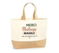 Planetee Sac Cabas Fond Jute Merci Maîtresse Magali pour ces instants avec toi | Cadeau Fin d'Année Scolaire Maîtresse Institutrice École Primaire | Cadeau de Remerciement | Coton 18 L