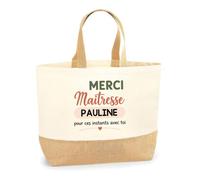 Planetee Sac Cabas Fond Jute Merci Maîtresse Pauline pour ces instants avec toi | Cadeau Fin d'Année Scolaire Maîtresse Institutrice École Primaire | Cadeau de Remerciement | Coton 18 L