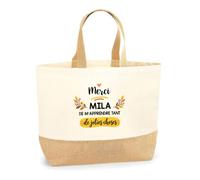 Planetee Sac Cabas Fond Jute Merci Mila | Cadeau Fin d'Année Scolaire Maîtresse Nounou ATSEM Assmat | Cadeau de Remerciement | Coton 18 L