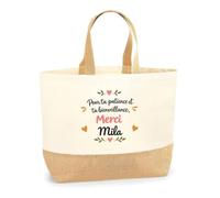 Planetee Sac Cabas Fond Jute Merci Mila | Cadeau Fin d'Année Scolaire Maîtresse Nounou ATSEM Assmat | Cadeau de Remerciement | Coton 18 L