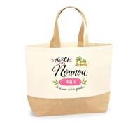 Planetee Sac Cabas Fond Jute Merci Nounou Mila | Cadeau Fin d'Année Scolaire Nounou Assmat Assistante Maternelle Crèche | Cadeau de Remerciement | Coton 18 L