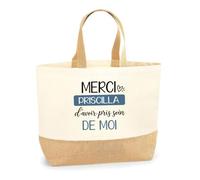 Planetee Sac Cabas Fond Jute Merci Priscilla | Cadeau Fin d'Année Scolaire Maîtresse Nounou ATSEM Assmat | Cadeau de Remerciement | Coton 18 L