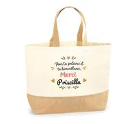 Planetee Sac Cabas Fond Jute Merci Priscilla | Cadeau Fin d'Année Scolaire Maîtresse Nounou ATSEM Assmat | Cadeau de Remerciement | Coton 18 L