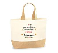 Planetee Sac Cabas Fond Jute Merci Séverine | Cadeau Fin d'Année Scolaire Maîtresse Nounou ATSEM Assmat | Cadeau de Remerciement | Coton 18 L