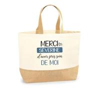 Planetee Sac Cabas Fond Jute Merci Séverine | Cadeau Fin d'Année Scolaire Maîtresse Nounou ATSEM Assmat | Cadeau de Remerciement | Coton 18 L