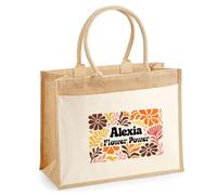 Planetee Sac cabas jute femme Alexia Flower Power Design rétro Vintage Années 70s Sac de Courses Grand Format Cadeau Maman Mamie Fête des Mères Anniversaire Noël