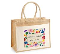 Planetee Sac cabas jute femme Community Manager Pleine de vie Design style Pop Art Vintage Sac de Courses Grand Format avec poche - Idée Cadeau Départ Retraite Collègue Anniversaire